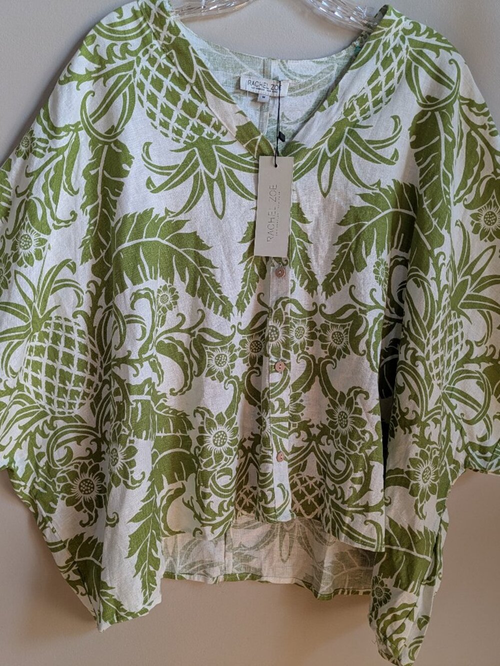 NWT rachel zoe linen blend white green floral print oversized blouse size M #669